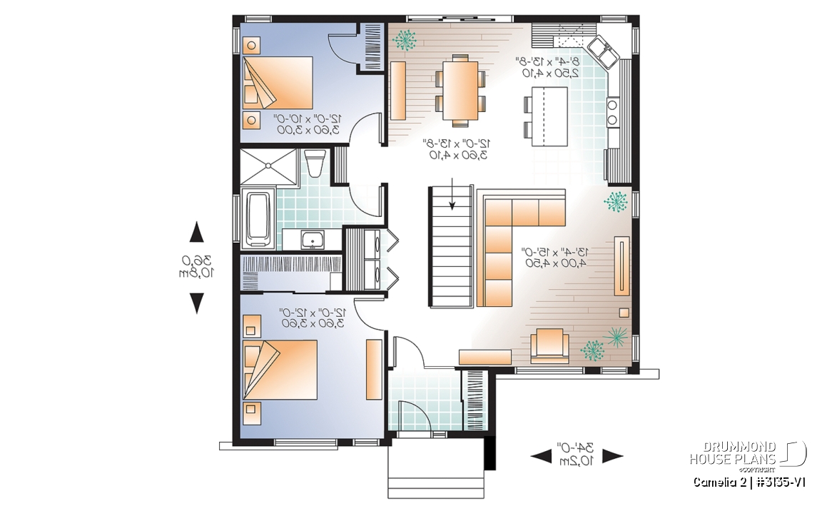 1st level - Affordable, two bedroom small modern home plan with curb appeal, unfinished basement - Camelia 2