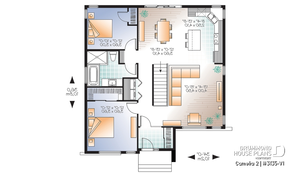 1st level - Affordable, two bedroom small modern home plan with curb appeal, unfinished basement - Camelia 2