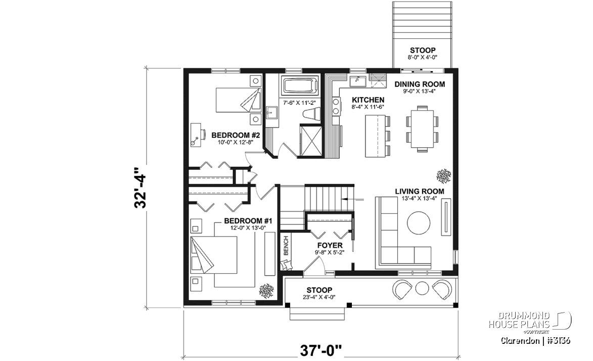 1st level - Traditional ranch style bungalow plan, ideal starter home, open living concept with patio door, large shower - Clarendon
