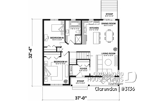 1st level - Traditional ranch style bungalow plan, ideal starter home, open living concept with patio door, large shower - Clarendon