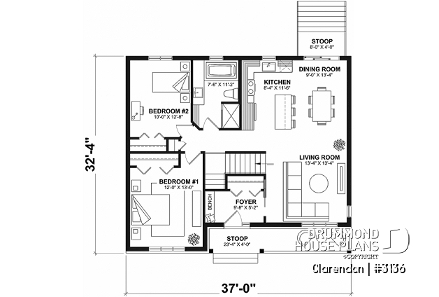 1st level - Traditional ranch style bungalow plan, ideal starter home, open living concept with patio door, large shower - Clarendon
