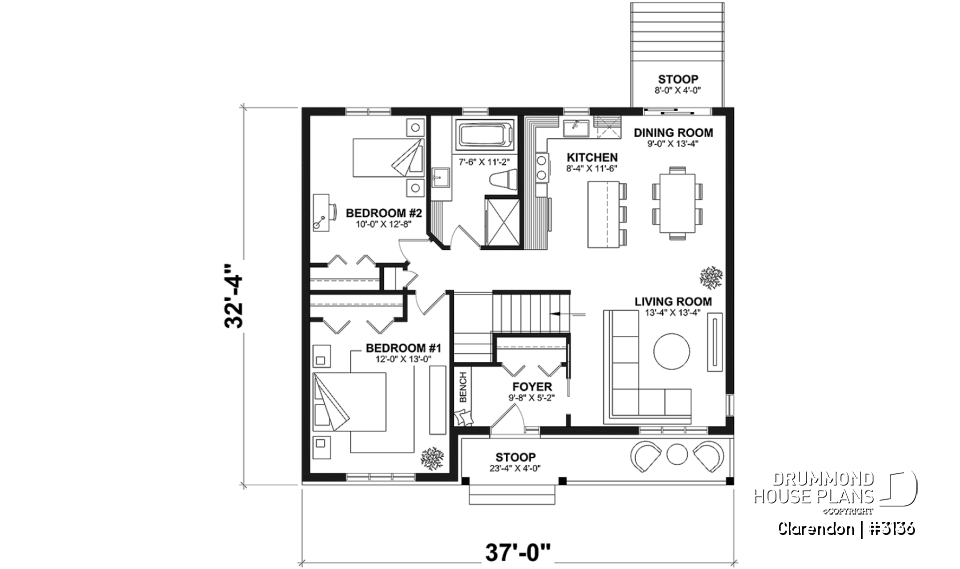 1st level - Traditional ranch style bungalow plan, ideal starter home, open living concept with patio door, large shower - Clarendon