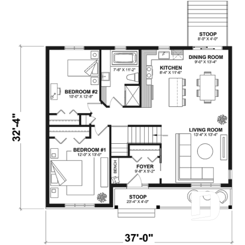 1st level - Traditional ranch style bungalow plan, ideal starter home, open living concept with patio door, large shower - Clarendon