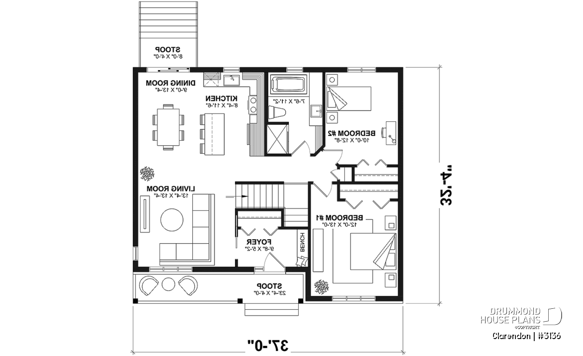 1st level - Traditional ranch style bungalow plan, ideal starter home, open living concept with patio door, large shower - Clarendon