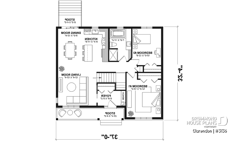 1st level - Traditional ranch style bungalow plan, ideal starter home, open living concept with patio door, large shower - Clarendon