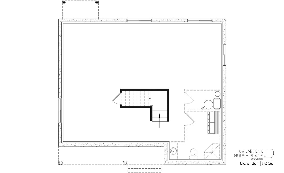 Basement - Traditional ranch style bungalow plan, ideal starter home, open living concept with patio door, large shower - Clarendon