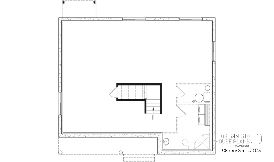Basement - Traditional ranch style bungalow plan, ideal starter home, open living concept with patio door, large shower - Clarendon