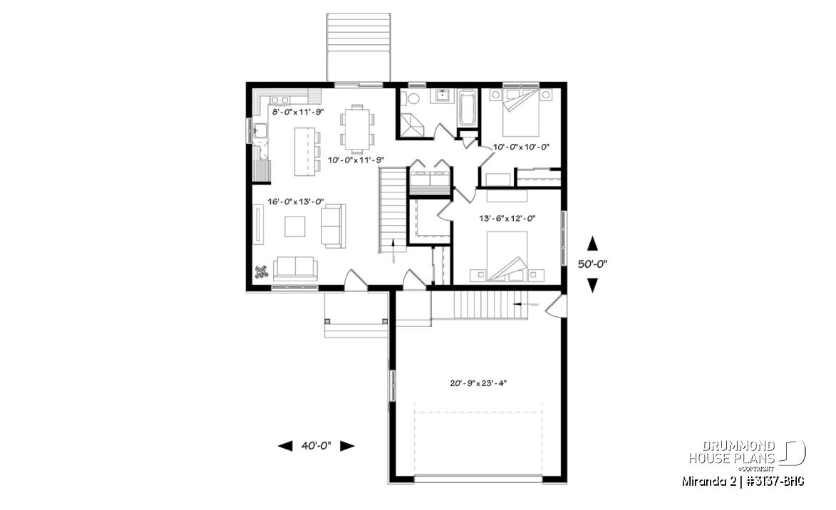 1st level - Affordable ranch bungalow, master bedroom with walk-in, kitchen / dining / living open concept, 2-car garage - Miranda 2