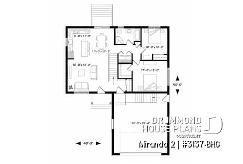 1st level - Affordable ranch bungalow, master bedroom with walk-in, kitchen / dining / living open concept, 2-car garage - Miranda 2