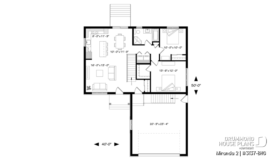 1st level - Affordable ranch bungalow, master bedroom with walk-in, kitchen / dining / living open concept, 2-car garage - Miranda 2