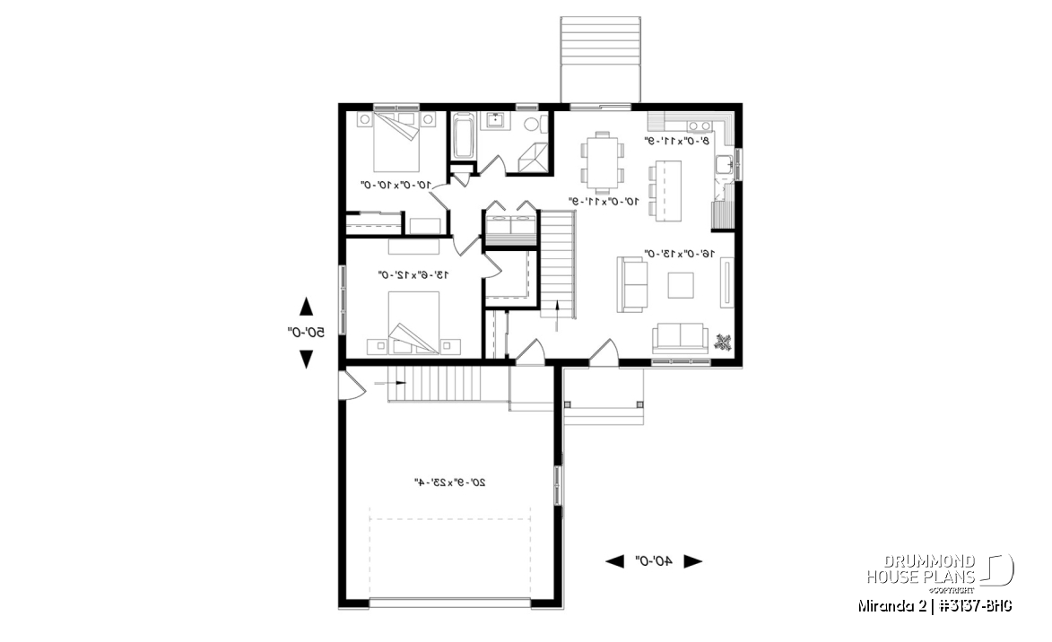 1st level - Affordable ranch bungalow, master bedroom with walk-in, kitchen / dining / living open concept, 2-car garage - Miranda 2