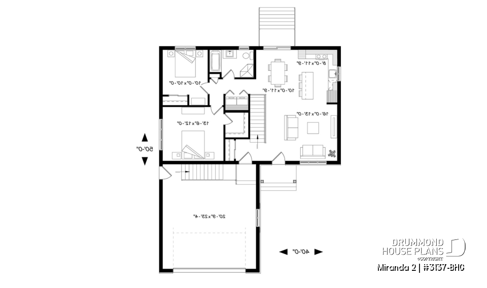 1st level - Affordable ranch bungalow, master bedroom with walk-in, kitchen / dining / living open concept, 2-car garage - Miranda 2