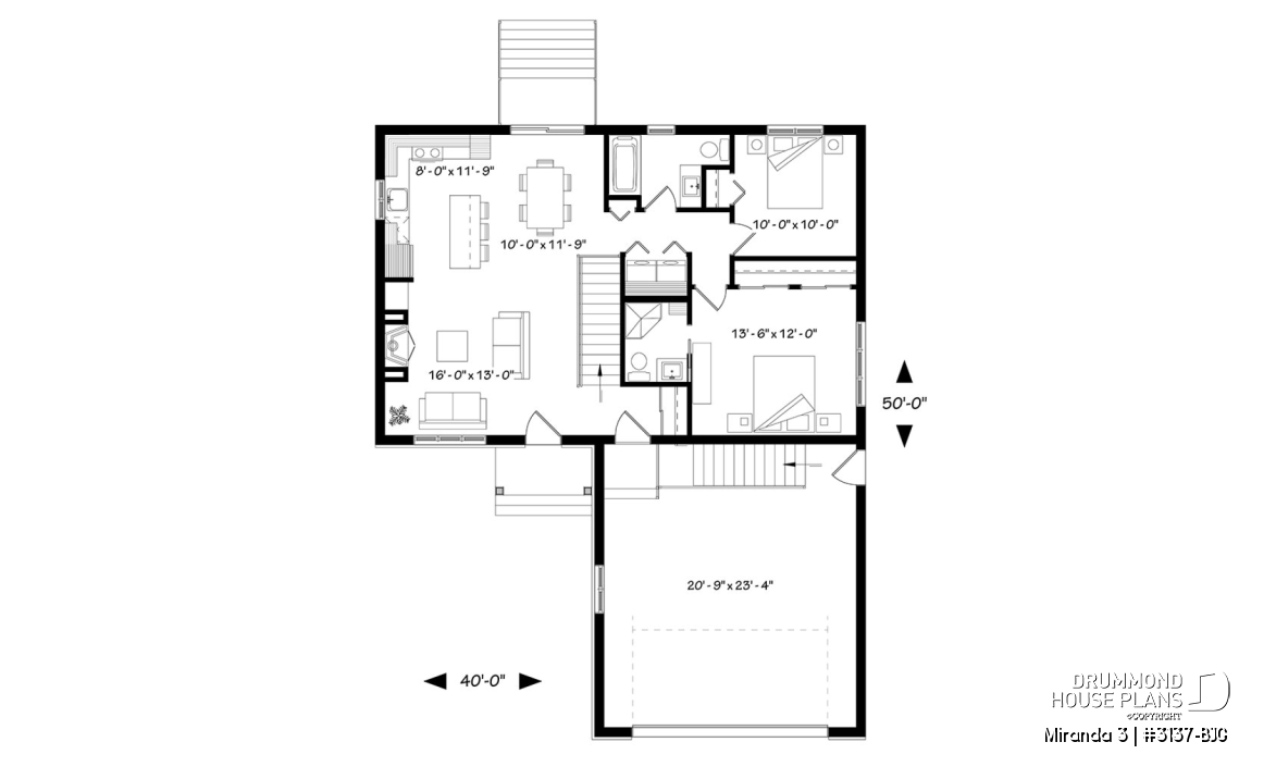 1st level - Affordable modern rustic ranch bungalow, 2-car garage, master suite with private shower, open floor concept - Miranda 3