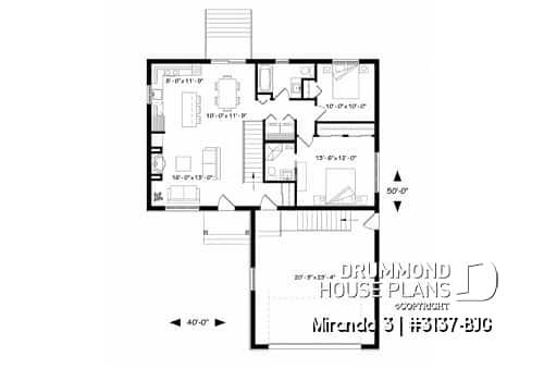 1st level - Affordable modern rustic ranch bungalow, 2-car garage, master suite with private shower, open floor concept - Miranda 3