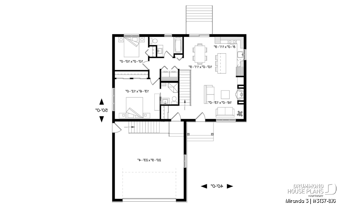 1st level - Affordable modern rustic ranch bungalow, 2-car garage, master suite with private shower, open floor concept - Miranda 3