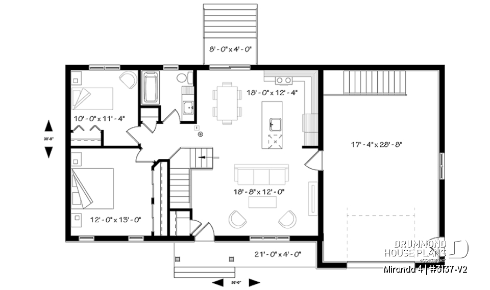1st level - Country style bungalow with large one-car garage, great open kitchen, dining and living room concept, 2 beds - Miranda 4