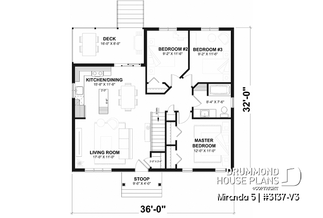 1st level of house plan 3137-V3 1st level - Smart & affordable 3 bedroom bungalow house plan, optional finished basement includes 2 more bedrooms - Miranda 5