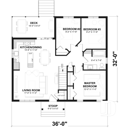 1st level - Smart & affordable 3 bedroom bungalow house plan, optional finished basement includes 2 more bedrooms - Miranda 5