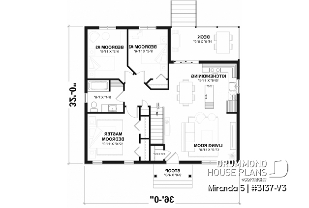 1st level of house plan 3137-V3 1st level - Smart & affordable 3 bedroom bungalow house plan, optional finished basement includes 2 more bedrooms - Miranda 5