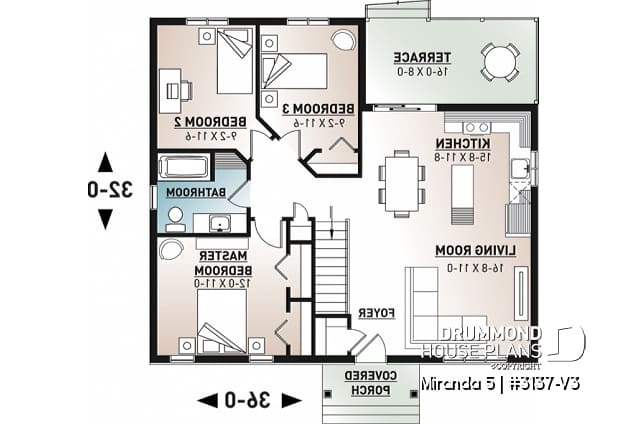 1st level - Small & affordable 3 bedroom bungalow house plan, open concept kitchen, dining and living room - Miranda 5