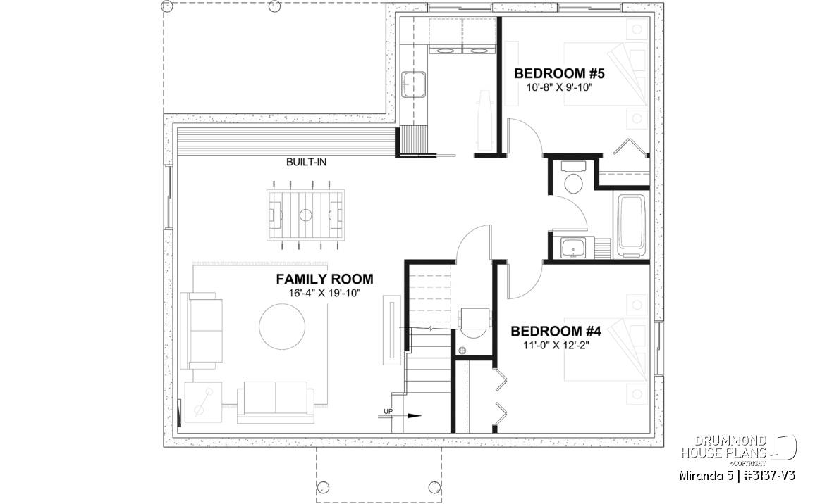 Finished basement (Optional $) - Smart &amp; affordable 3 bedroom bungalow house plan, optional finished basement includes 2 more bedrooms - Miranda 5