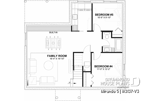 Finished basement (Optional $) of house plan 3137-V3 Finished basement (Optional $) - Smart & affordable 3 bedroom bungalow house plan, optional finished basement includes 2 more bedrooms - Miranda 5