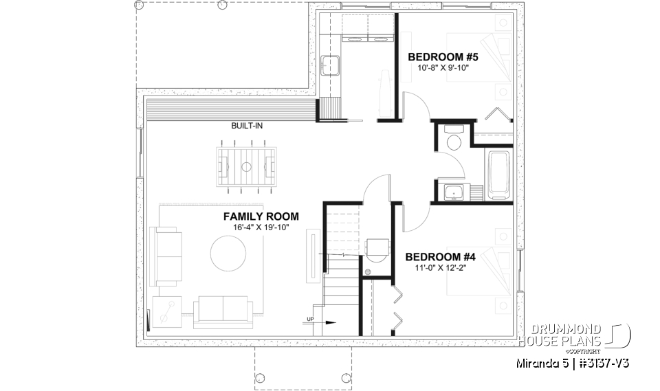 Finished basement (Optional $) - Smart &amp; affordable 3 bedroom bungalow house plan, optional finished basement includes 2 more bedrooms - Miranda 5