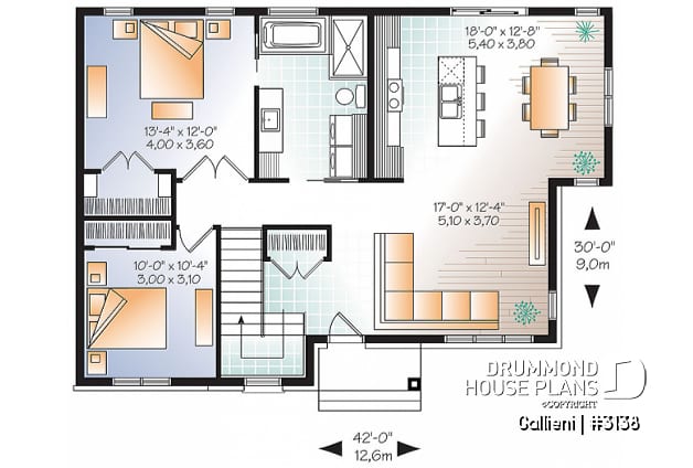 1st level - Economical Contemporary Modern House Plan with open floor plan layout, large kitchen island - Gallieni