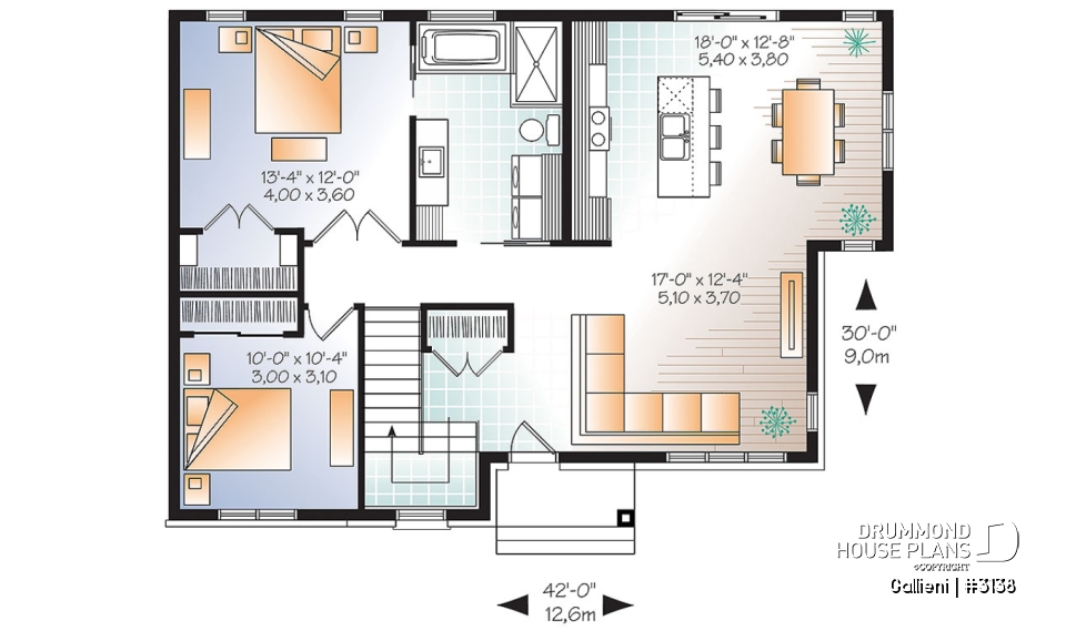 1st level - Economical Contemporary Modern House Plan with open floor plan layout, large kitchen island - Gallieni