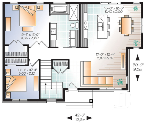 1st level - Economical Contemporary Modern House Plan with open floor plan layout, large kitchen island - Gallieni