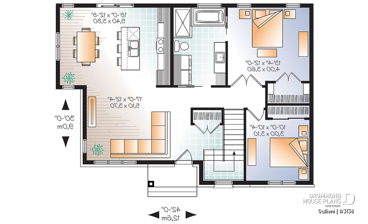 1st level - Economical Contemporary Modern House Plan with open floor plan layout, large kitchen island - Gallieni