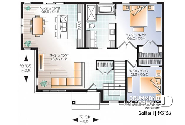 1st level - Economical Contemporary Modern House Plan with open floor plan layout, large kitchen island - Gallieni