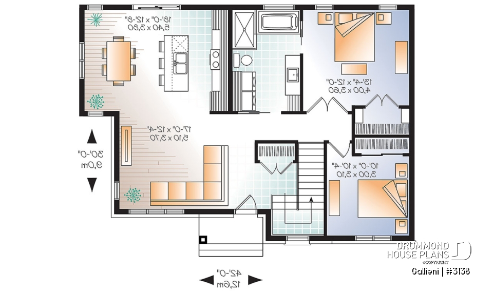1st level - Economical Contemporary Modern House Plan with open floor plan layout, large kitchen island - Gallieni