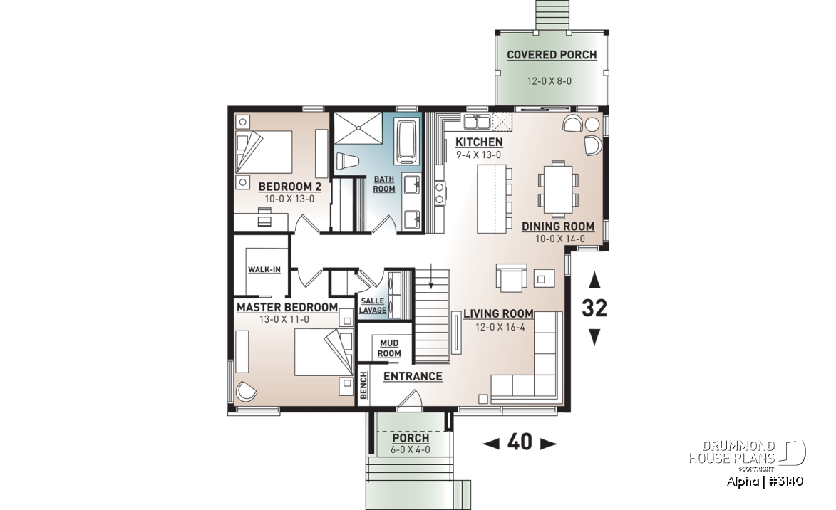 1st level - Small 2 bedroom Modern Mid-Century house plan, open space, laundry on main, mud room, built-ins - Alpha
