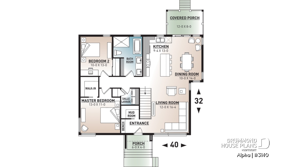 1st level - Small 2 bedroom Modern Mid-Century house plan, open space, laundry on main, mud room, built-ins - Alpha