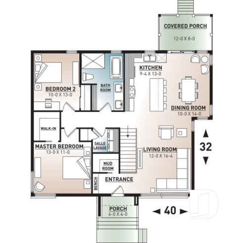 1st level - Small 2 bedroom Modern Mid-Century house plan, open space, laundry on main, mud room, built-ins - Alpha