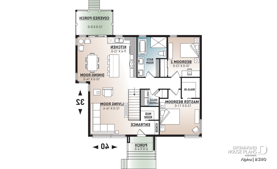 1st level - Small 2 bedroom Modern Mid-Century house plan, open space, laundry on main, mud room, built-ins - Alpha