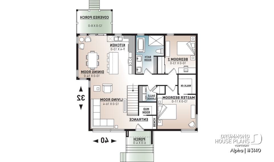 1st level - Small 2 bedroom Modern Mid-Century house plan, open space, laundry on main, mud room, built-ins - Alpha