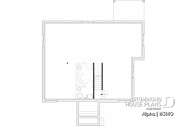Unfinished basement - Small 2 bedroom Modern Mid-Century house plan, open space, laundry on main, mud room, built-ins - Alpha