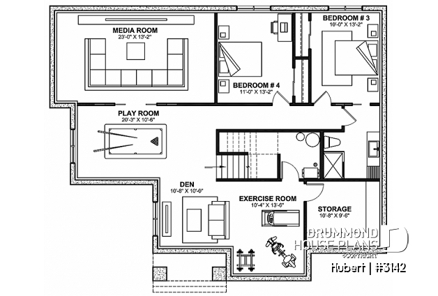 Finished basement - Family home plan, 2 to 5 beds if you finish the basement (optional $), den, home theater, game room, gym - Hubert