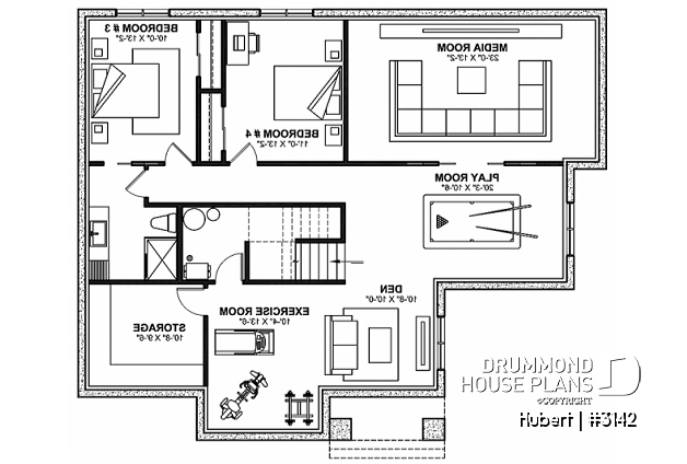 Finished basement (Optional $) - Family home plan, 2 to 5 beds if you finish the basement (optional $), den, home theater, game room, gym - Hubert