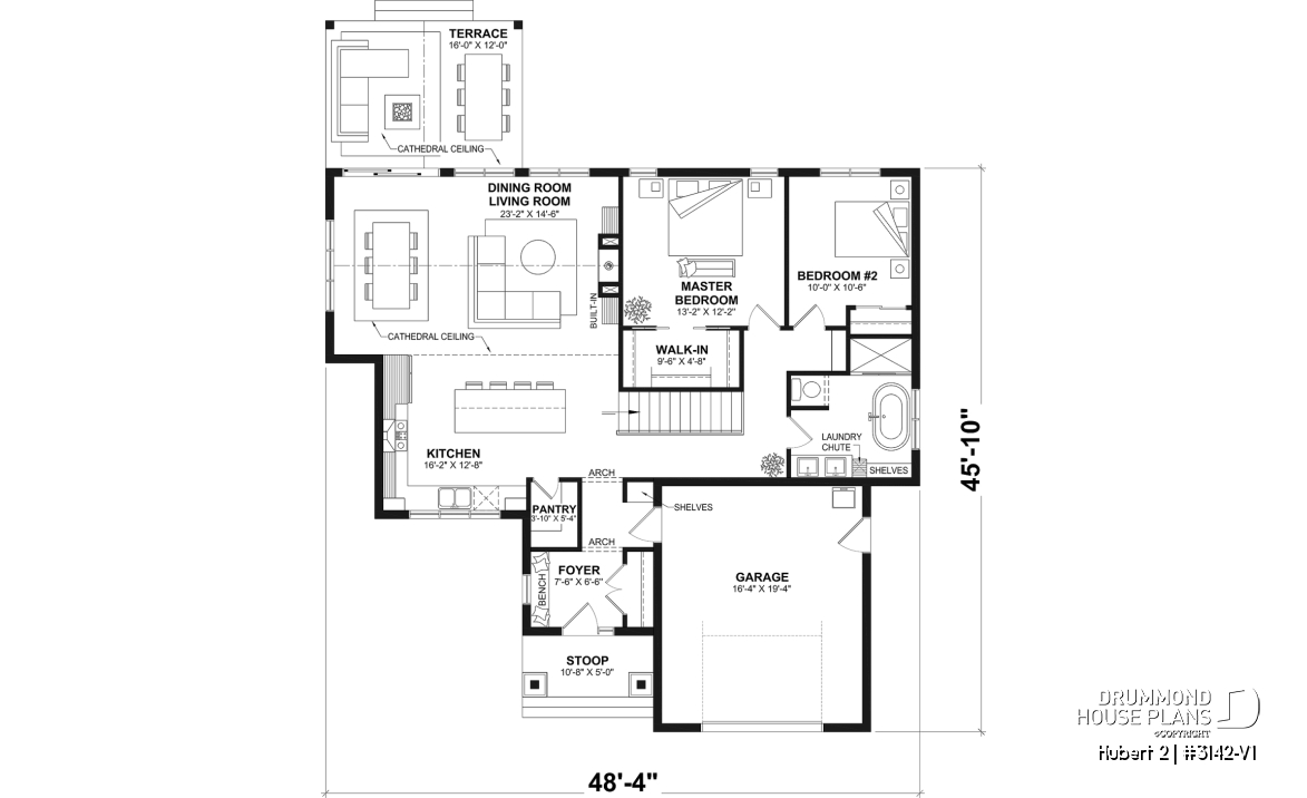1st level - Classic bright bungalow house plan with fireplace, covered terrace, and 2 to 5 flexible bedrooms! - Hubert 2