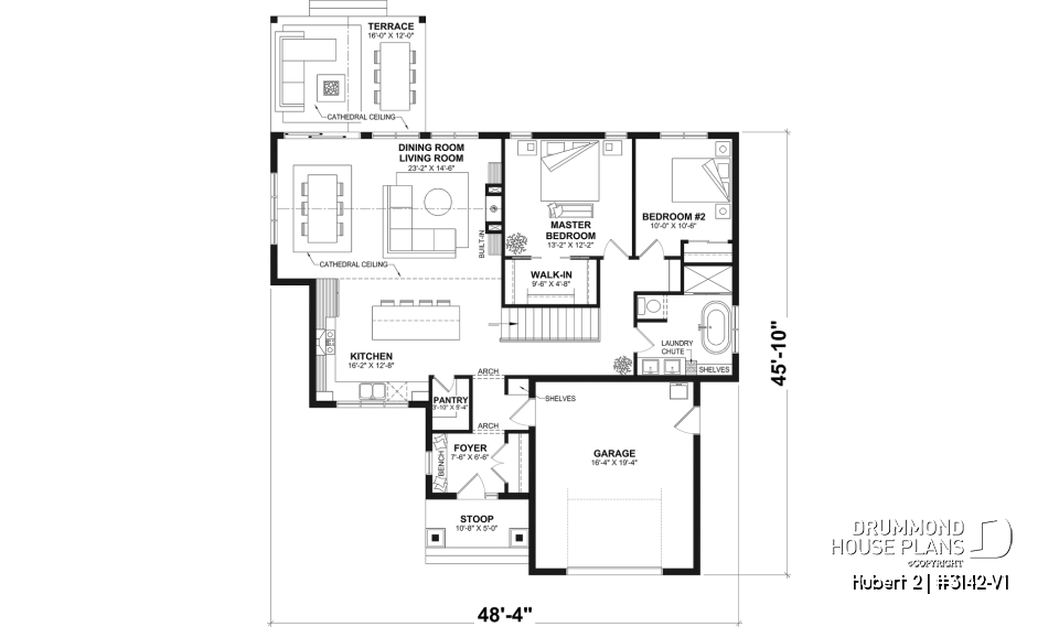 1st level - Classic bright bungalow house plan with fireplace, covered terrace, and 2 to 5 flexible bedrooms! - Hubert 2
