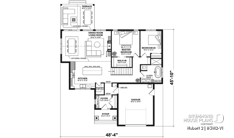 1st level - Classic bright bungalow house plan with fireplace, covered terrace, and 2 to 5 flexible bedrooms! - Hubert 2