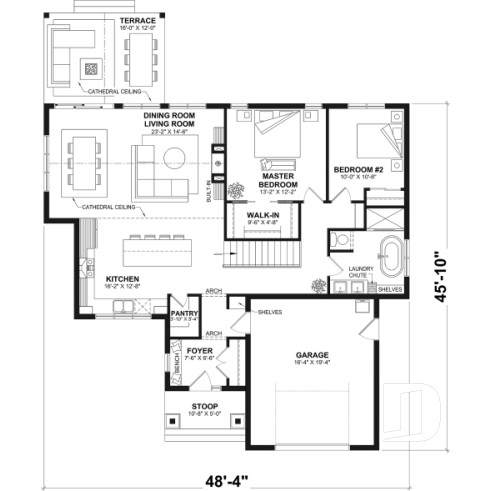 1st level - Classic bright bungalow house plan with fireplace, covered terrace, and 2 to 5 flexible bedrooms! - Hubert 2
