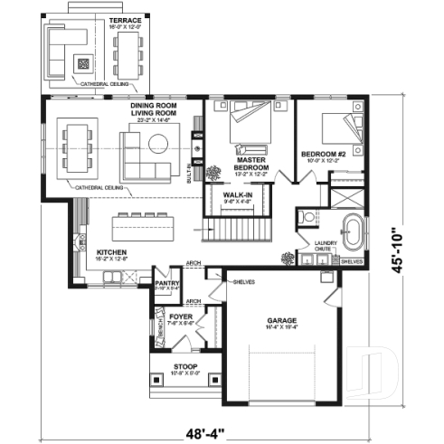 1st level - Classic bright bungalow house plan with fireplace, covered terrace, and 2 to 5 flexible bedrooms! - Hubert 2