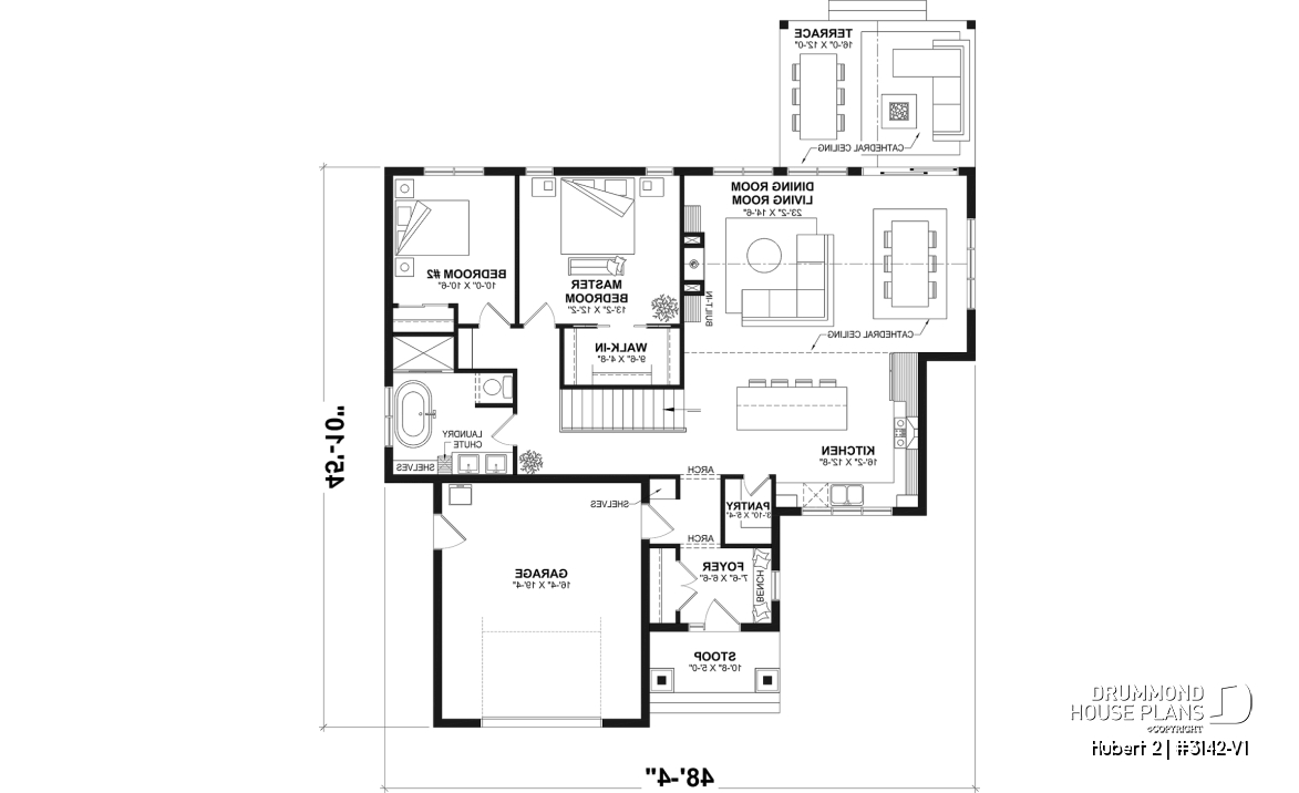 1st level - Classic bright bungalow house plan with fireplace, covered terrace, and 2 to 5 flexible bedrooms! - Hubert 2