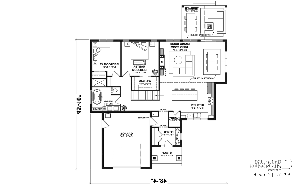 1st level - Classic bright bungalow house plan with fireplace, covered terrace, and 2 to 5 flexible bedrooms! - Hubert 2