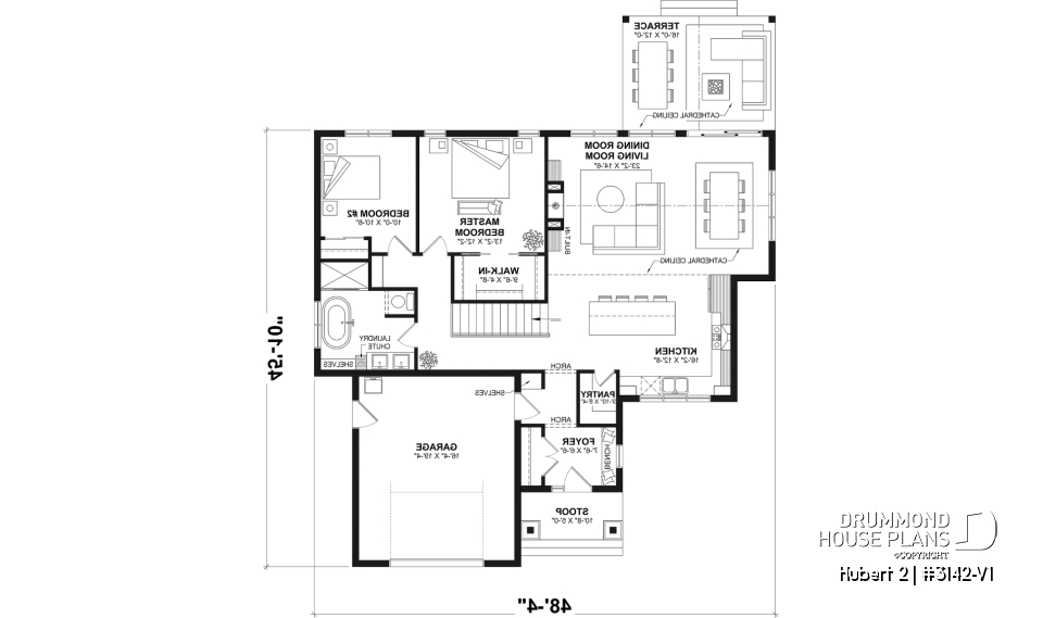 1st level - Classic bright bungalow house plan with fireplace, covered terrace, and 2 to 5 flexible bedrooms! - Hubert 2