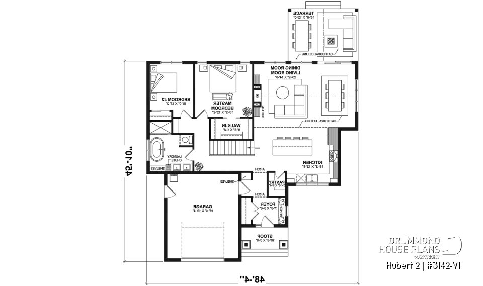1st level - Classic bright bungalow house plan with fireplace, covered terrace, and 2 to 5 flexible bedrooms! - Hubert 2